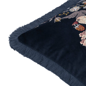 Strawberry Thief Embroidered Velvet Cushion Indigo