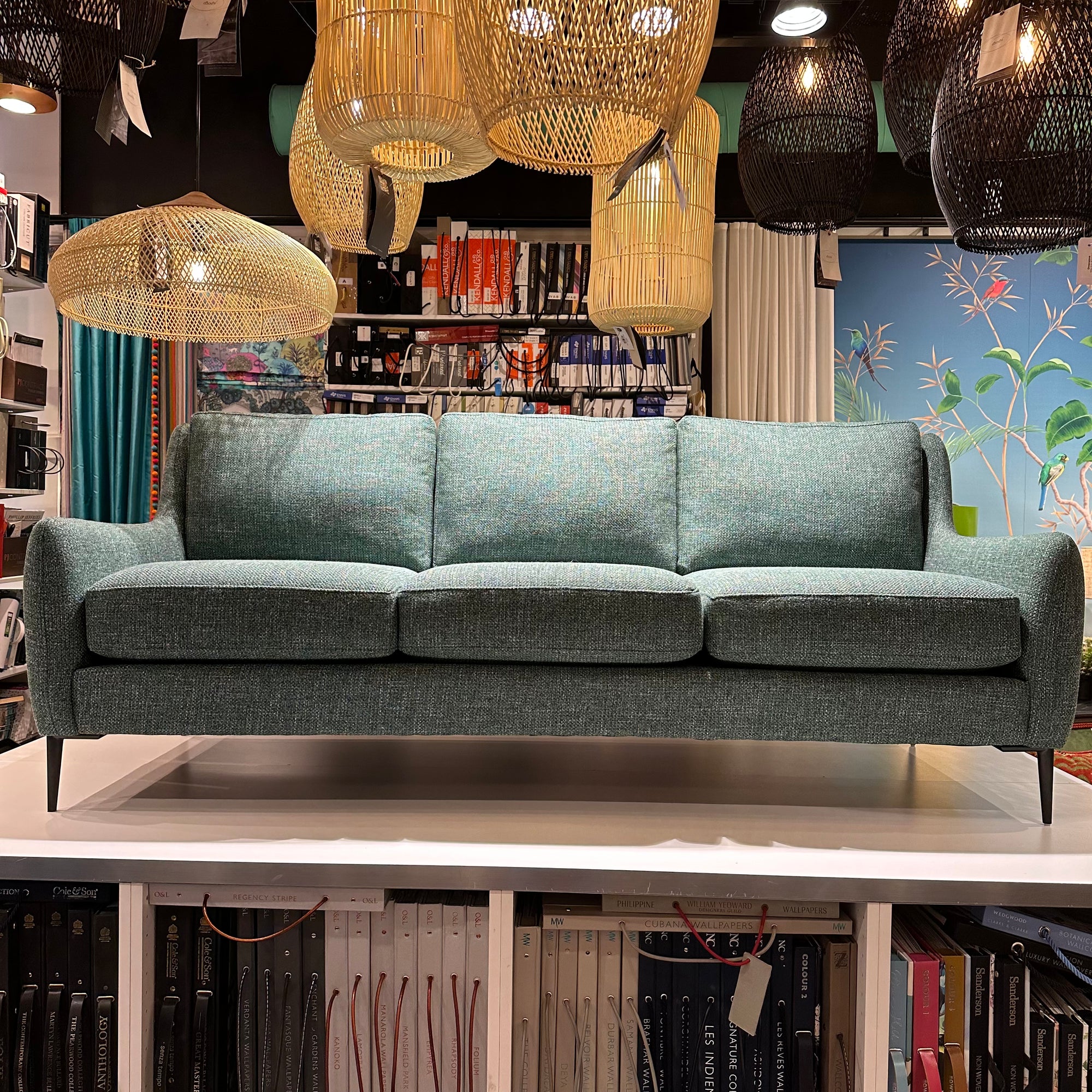 custom made green tweed sofa