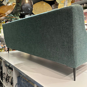 back view of custom green tweed sofa with black metal legs