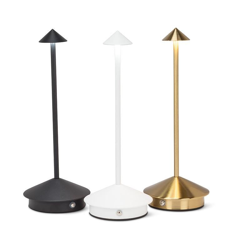 Unique arrow shade table lamps in black, white & gold.
