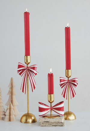 Metal Taper Holder with Striped Bow, Gold Finish, Red & White