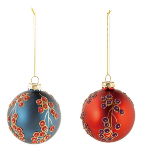 3" Round Glass Ball Ornament w/ Botanicals & Beads, 2 Colors