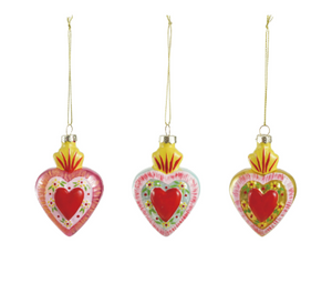 3-1/2"H Hand-Painted Glass Sacred Heart Ornament, Multi Color, 3 Styles