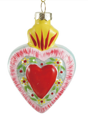 3-1/2"H Hand-Painted Glass Sacred Heart Ornament, Multi Color, 3 Styles