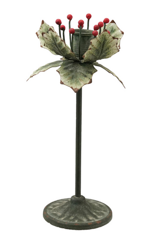 Painted Metal Holly Leaf Shaped Taper Holder, Green & Red