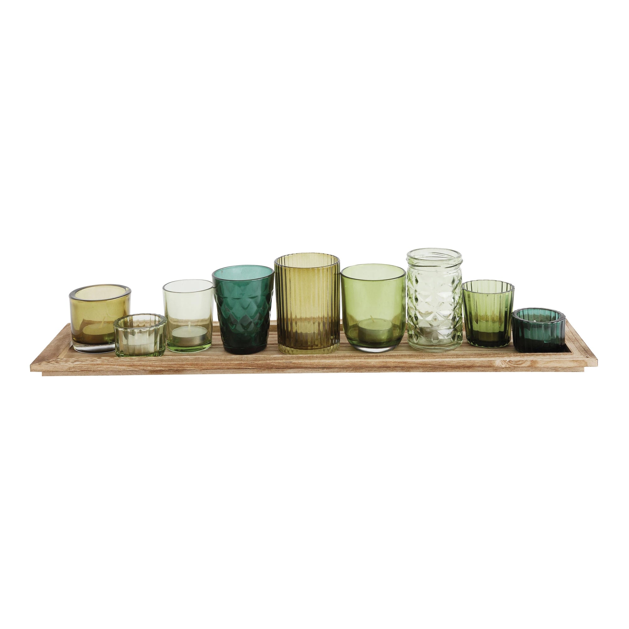 Wood Tray + Green Glass Votives