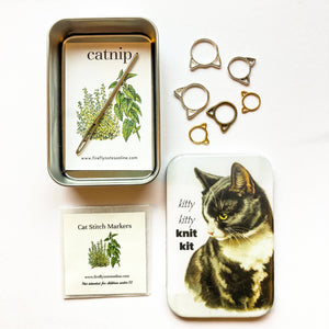 Cat stitch marker tin, cat knit kit
