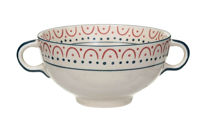Stoneware Bowl w Handles & Pattern