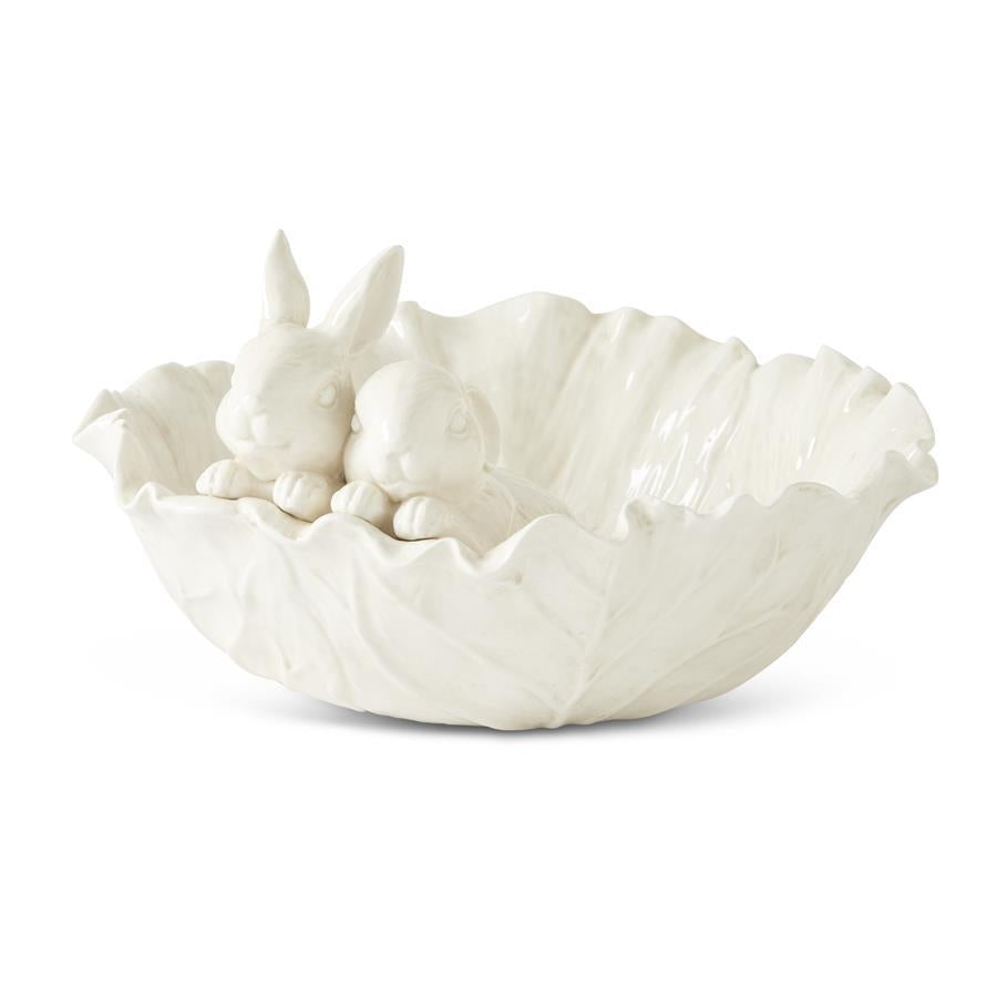 white ceramic bunny in cabbage bowl