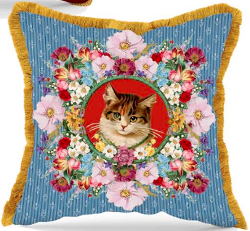 Luxury velvet throw pillow with cat theme.