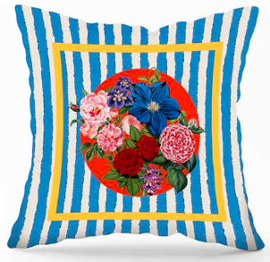 Decorative velvet throw pillow with blue stripes and florals.