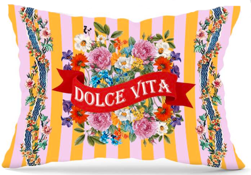Decorative velvet throw pillow striped with florals and text "dolce vita".