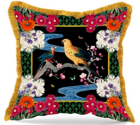 Luxury velvet throw pillow with bird theme.