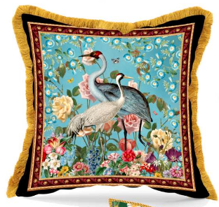 Luxury velvet throw pillow with heron theme.