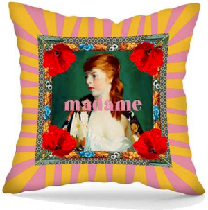 Decorative velvet throw pillow with text "Madame" and female portrait.