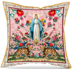 Luxury velvet throw pillow with Madonna theme.