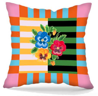Decorative velvet throw pillow with rainbow colours and pansies.