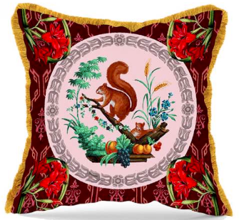Luxury velvet throw pillow with squirrel theme.