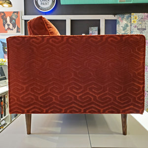 side view of custom sofa in modern graphic velvet done in Bordeaux Red