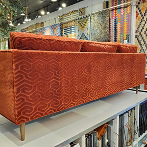 back view of custom sofa in modern graphic velvet done in Bordeaux Red
