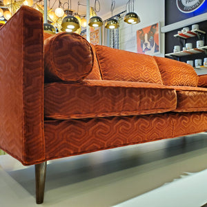 custom sofa in modern graphic velvet done in Bordeaux Red
