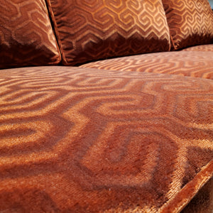 close up view of custom sofa in modern graphic velvet done in Bordeaux Red