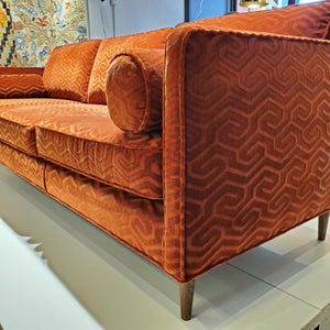 custom sofa in modern graphic velvet done in Bordeaux Red