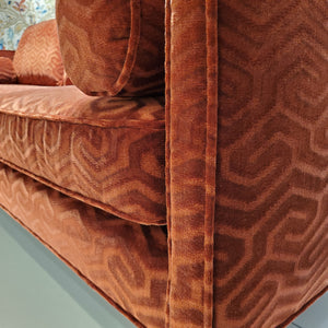 close up of custom sofa in modern graphic velvet done in Bordeaux Red