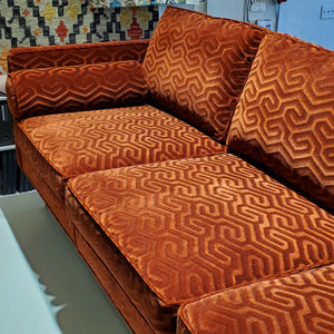custom sofa in modern graphic velvet done in Bordeaux Red