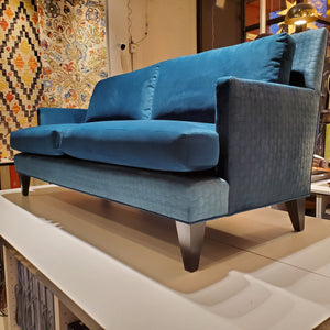 custom sofa in brilliant Peacock Teal velvet and quilted geometric pattern