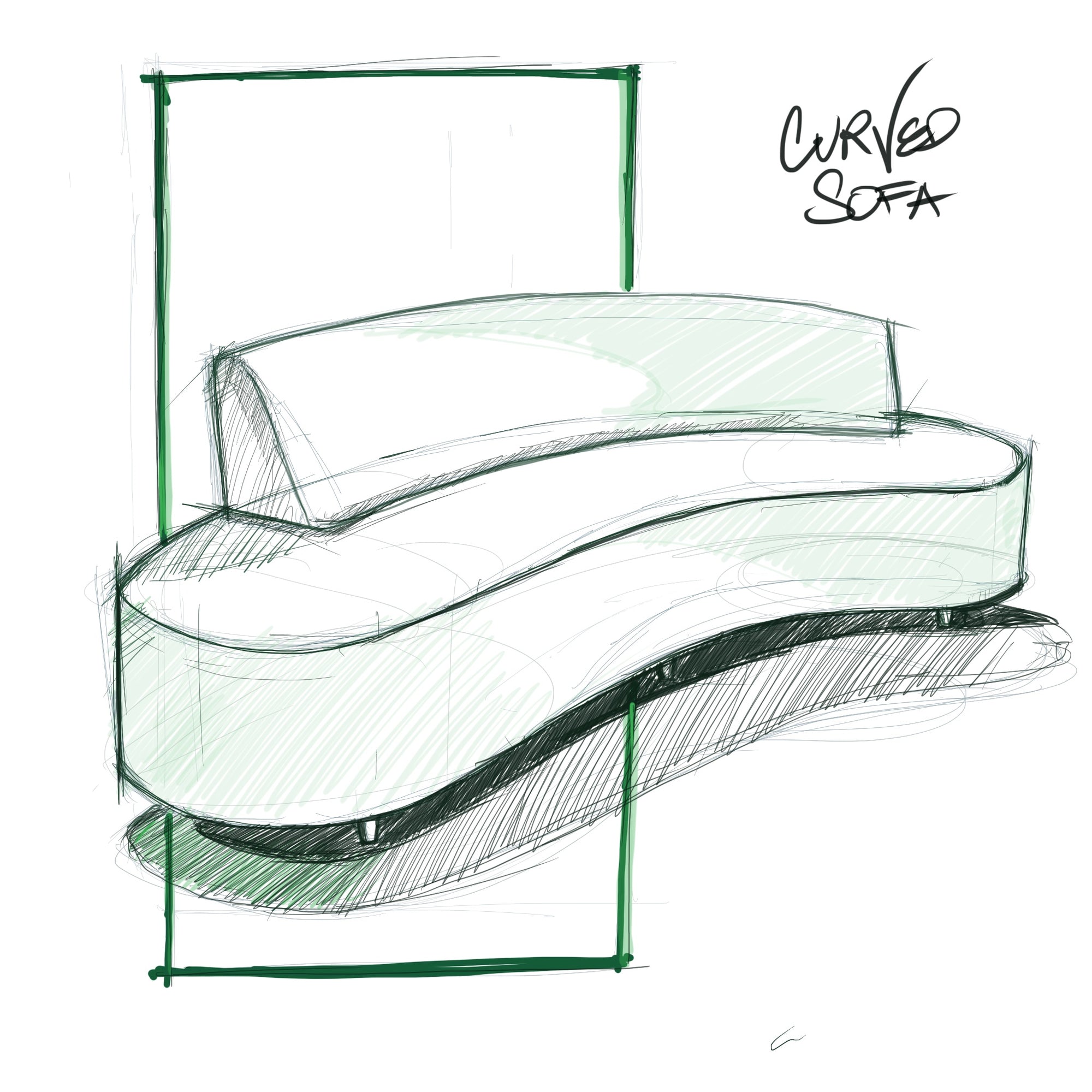 sketch drawing of a curved sofa