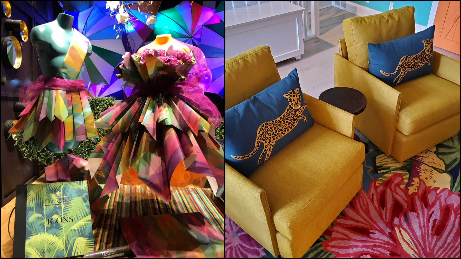 A colourful window display and two yellow armchairs by Kendall & Co.