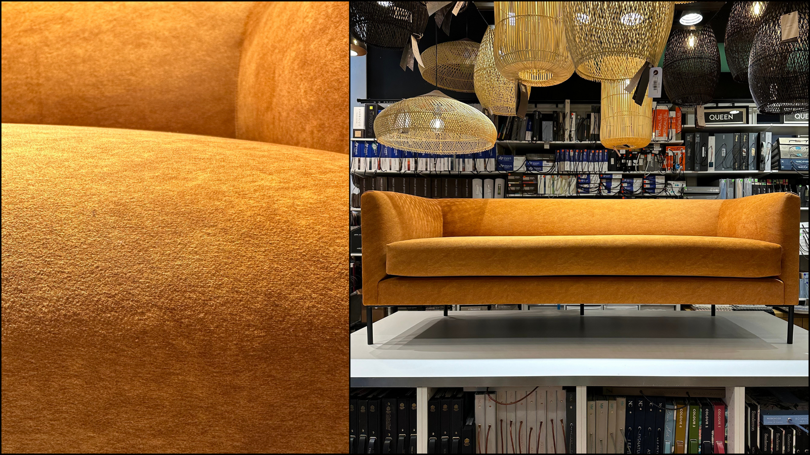 Orange velvet sofa custom made by Kendall & Co.