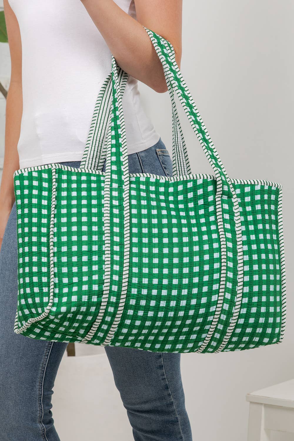 Green Checker - Quilted Cotton Tote Bag