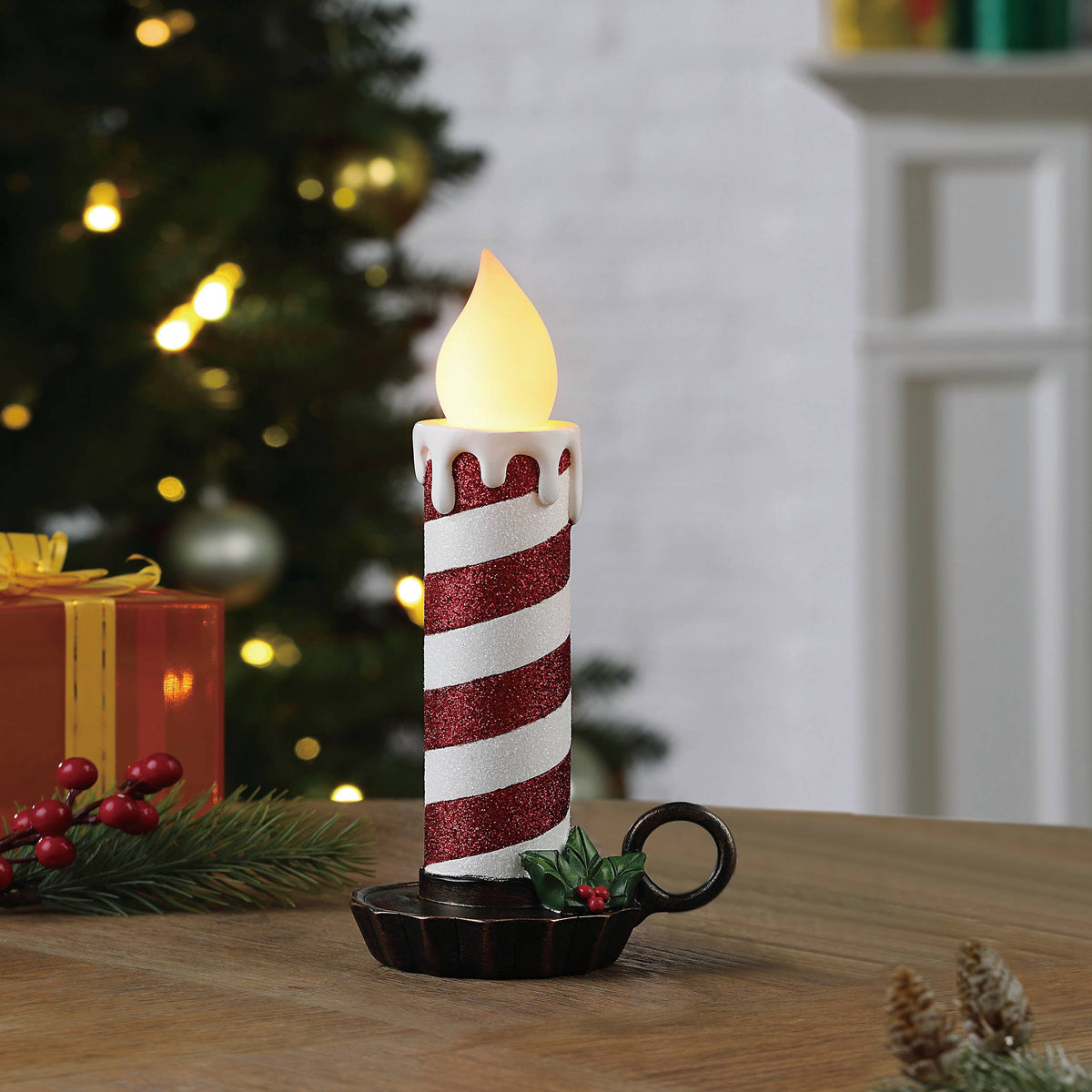 10" Flickering Chamberstick Glitter Candle – Red And White