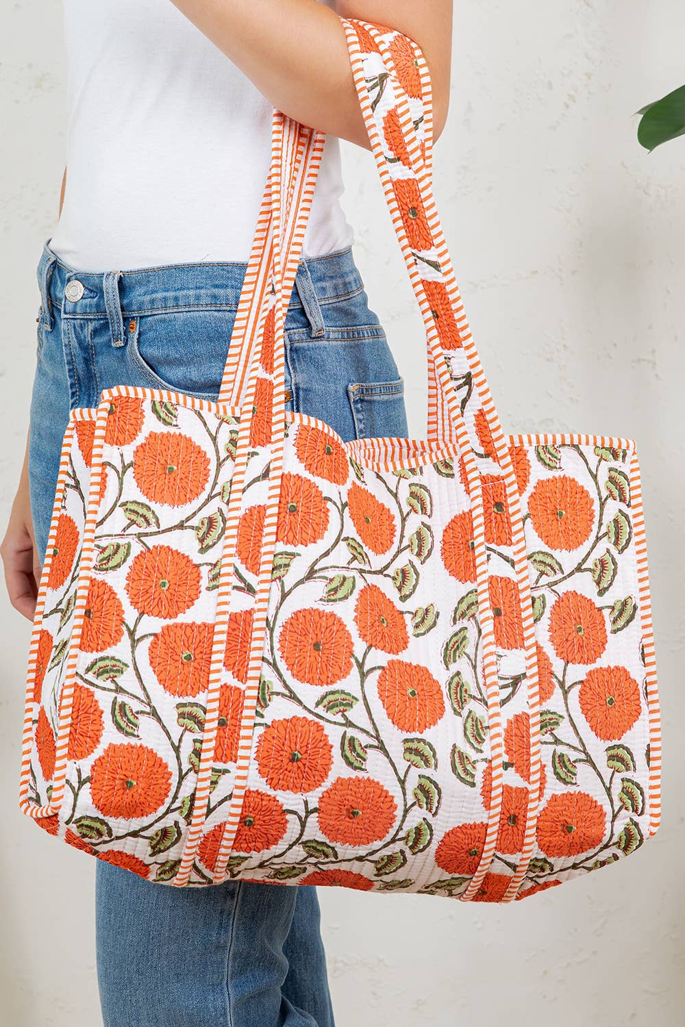 Chrysanthemum Coral Quilted Tote Bag