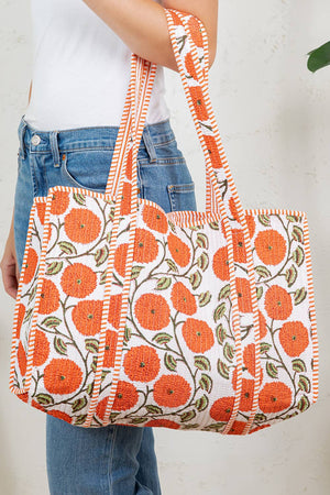 Chrysanthemum Coral Quilted Tote Bag
