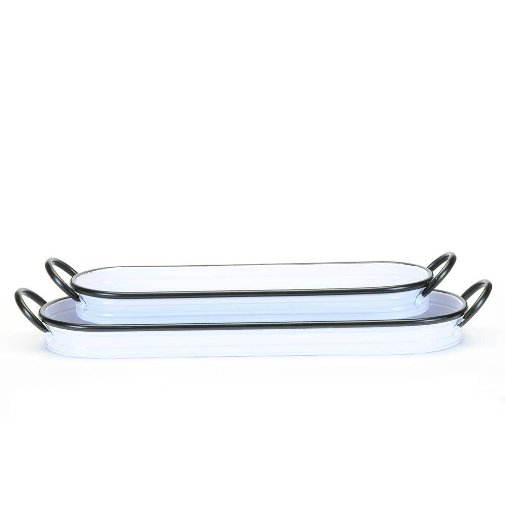 LONG OVAL METAL TRAYS WHITE WITH BLACK TOP RIM