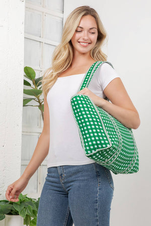 Green Checker - Quilted Cotton Tote Bag