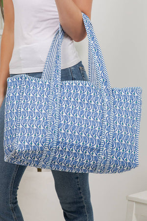 Blue Floral Vines - Quilted Cotton Tote Bag