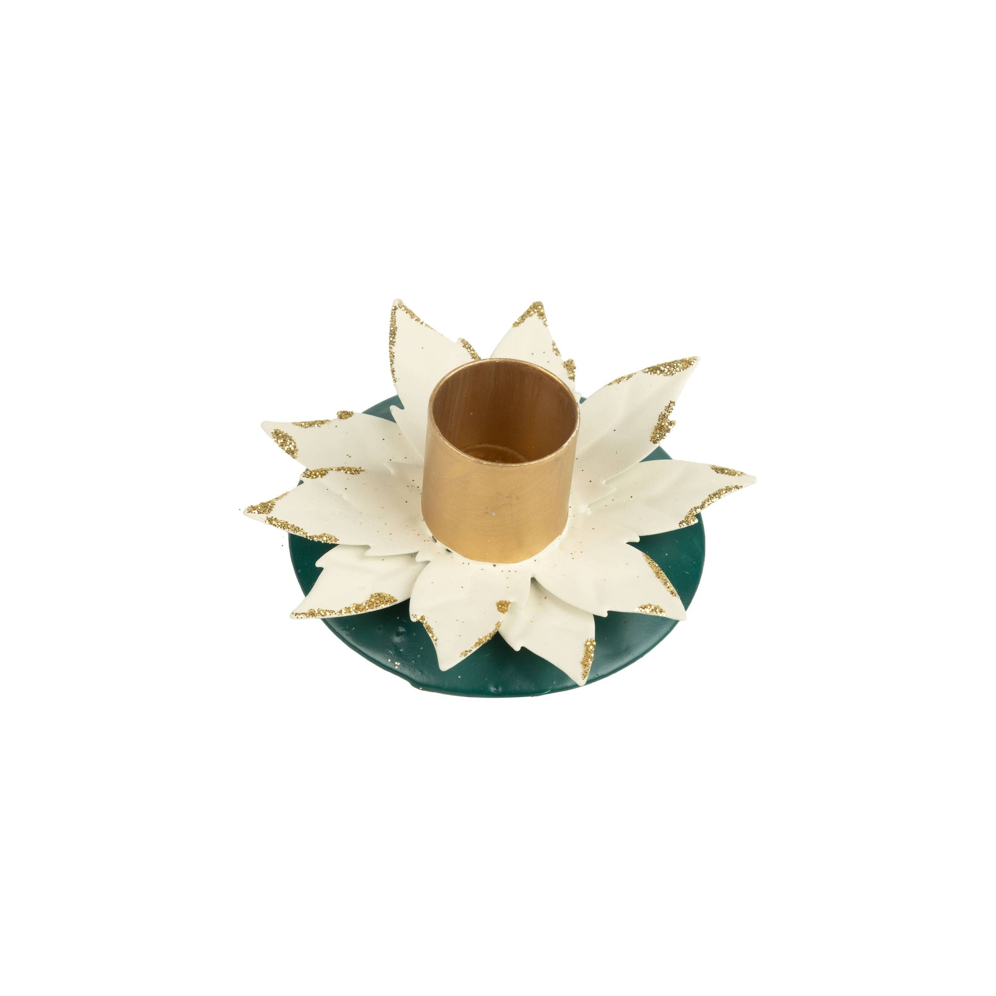 Poinsettia taper holder, cream & green - 3in