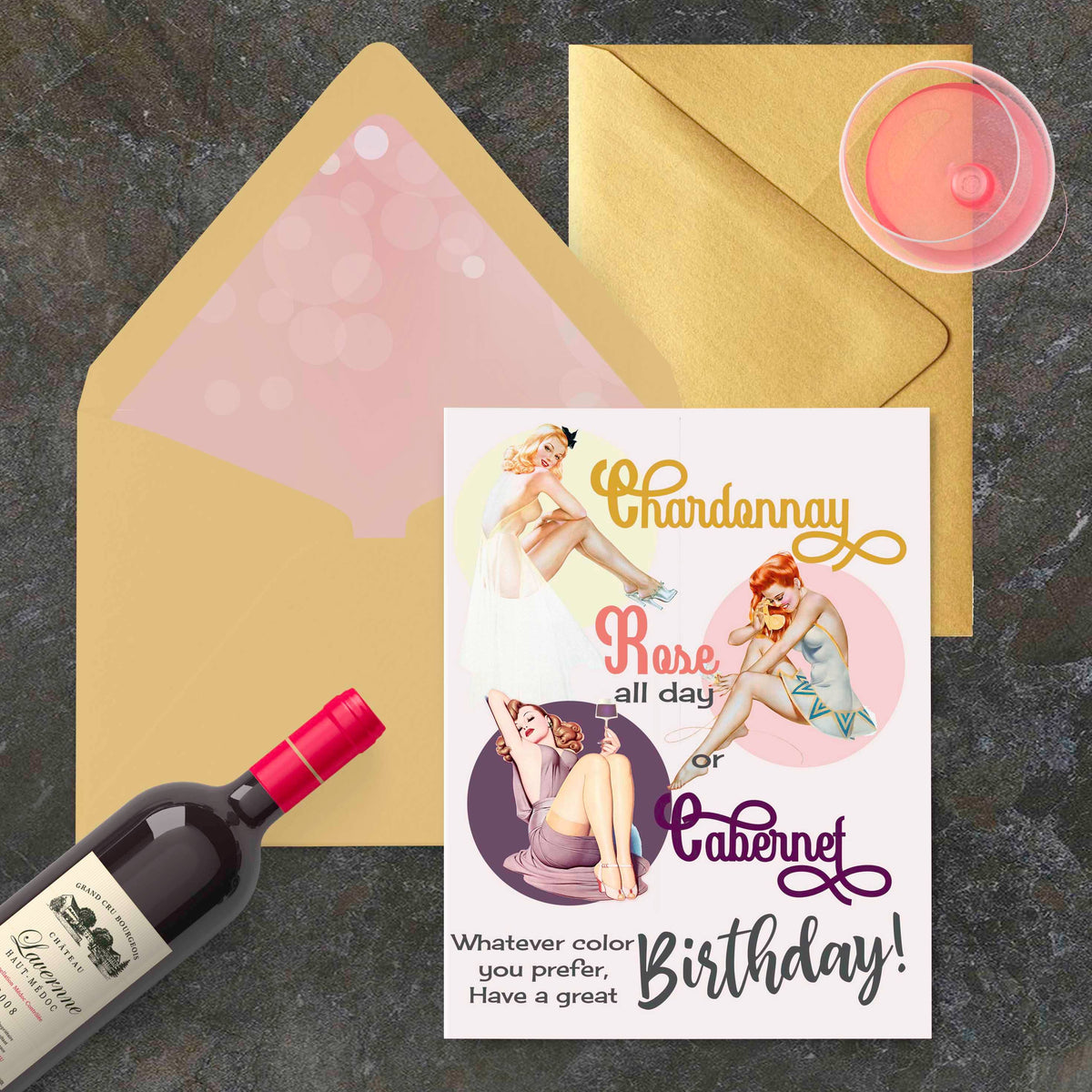 Wine Lover Pinup Girls Red White Rose Birthday Greeting Card