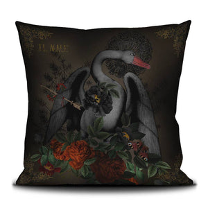 Decorative velvet throw pillow with black swan design.