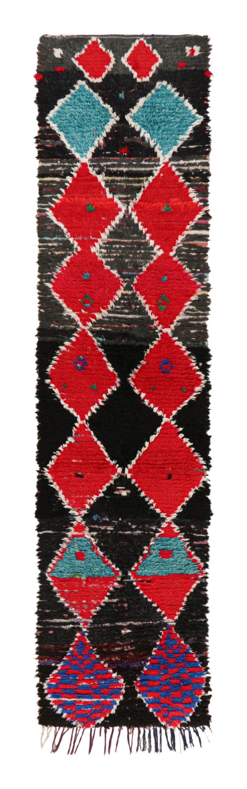 Red Diamonds on Black - Moroccan Shag Runner Rug