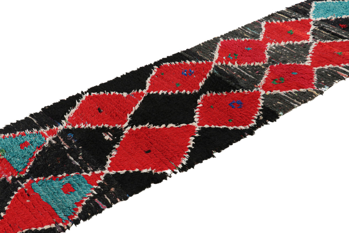 Red Diamonds on Black - Moroccan Shag Runner Rug