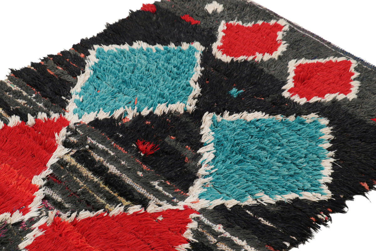 Red Diamonds on Black - Moroccan Shag Runner Rug