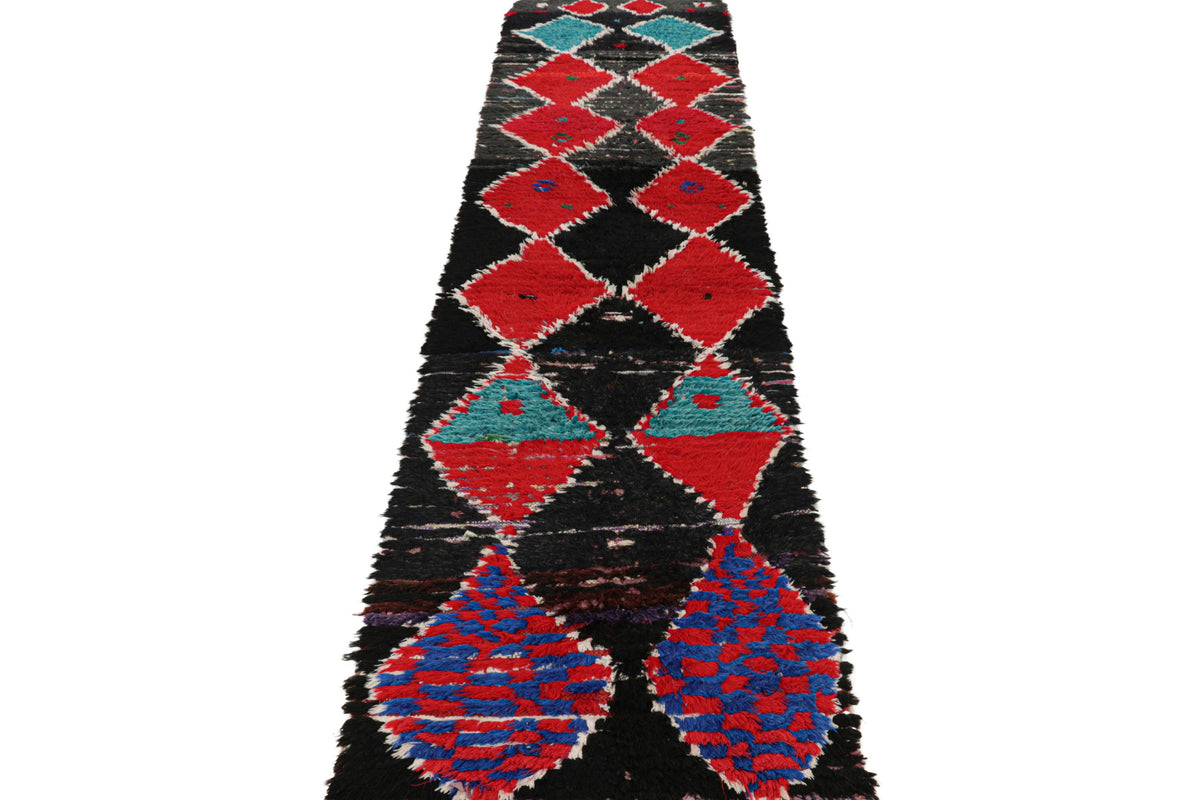 Red Diamonds on Black - Moroccan Shag Runner Rug