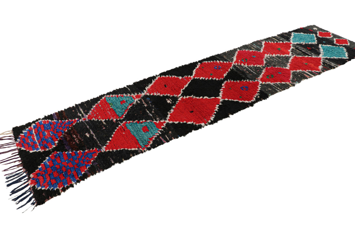 Red Diamonds on Black - Moroccan Shag Runner Rug