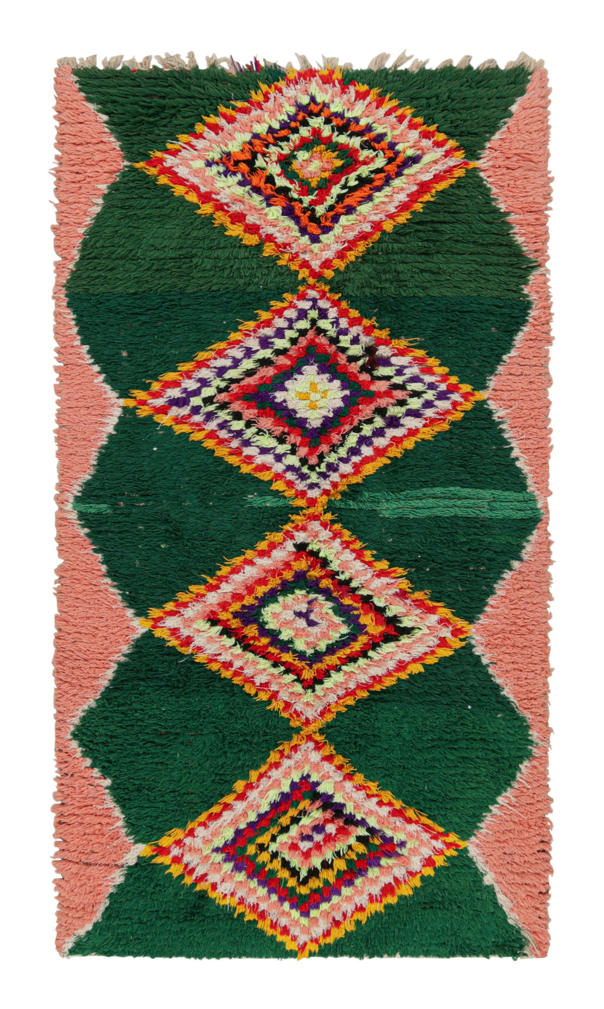 Forest Green & Pink Medallions  - Moroccan Shag Runner Rug