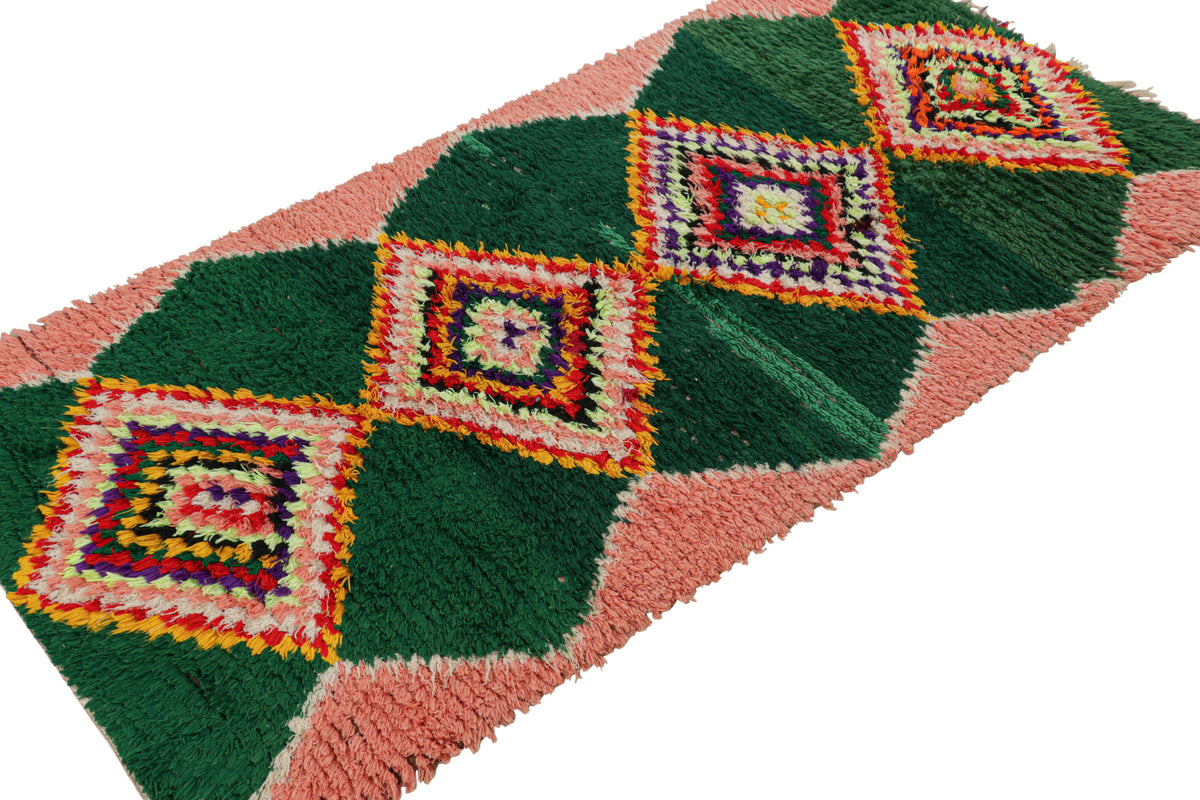 Forest Green & Pink Medallions  - Moroccan Shag Runner Rug